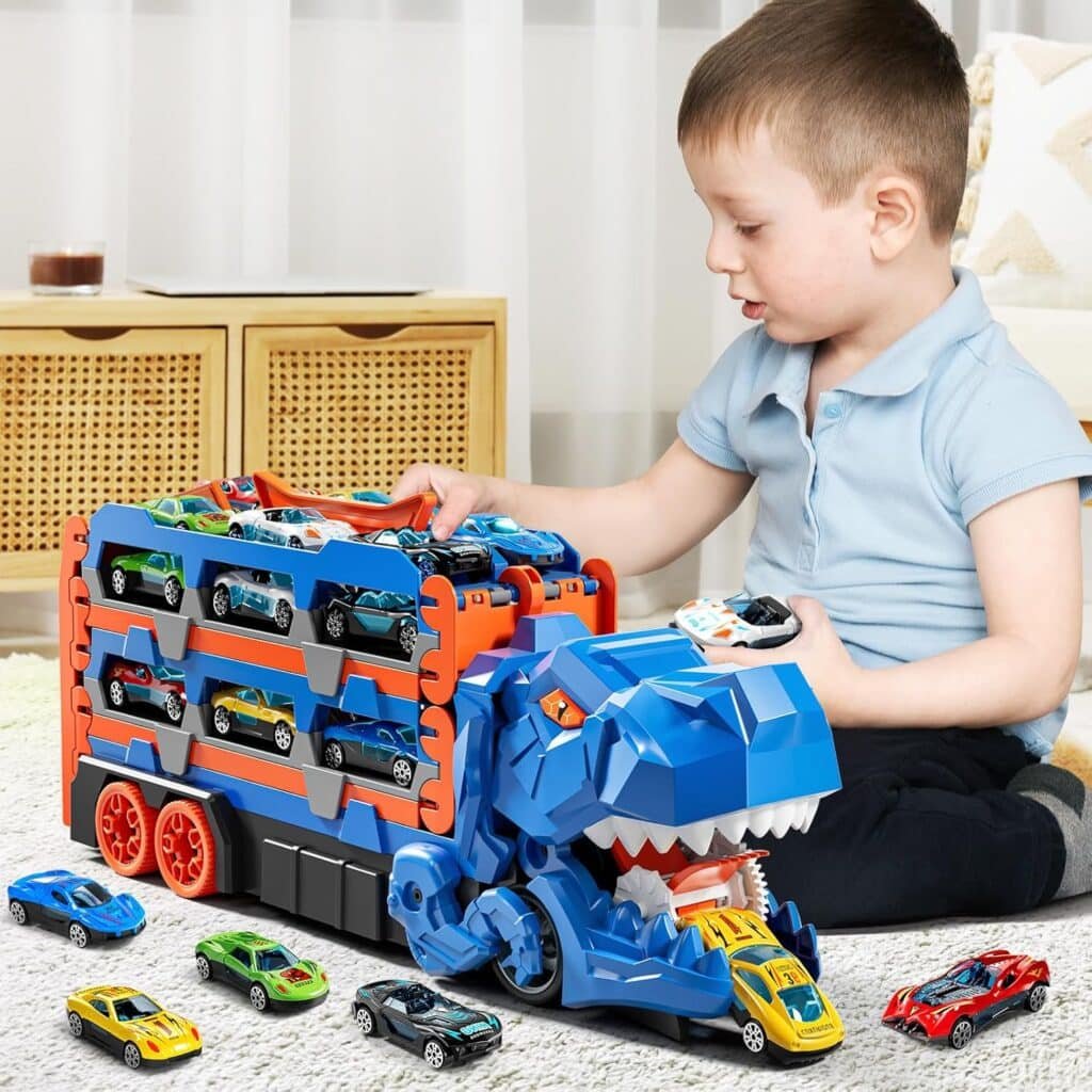 Toddler Toys Car Track Set for 3 4 5 6 Years Old Boys, Dinosaur Transporter Car Race Track with 12 Die-Cast Car Toys, Truck Car Toys Set Gifts for Age 3 4 5 6+ Years Old Kids Boys Girls