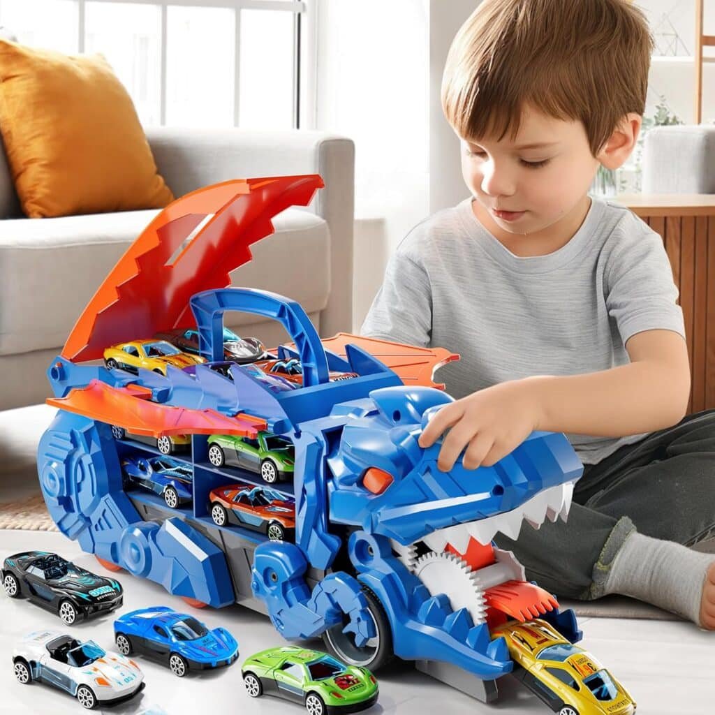 Toddler Truck Toys for Boys, Dinosaur Transporter Truck with 10 Die-Cast Car Toys, Transforms into Dino with Race Track, Toddler Car Toys Track Set for 3 4 5 6 7 8 Years Old Kids Boys Girls