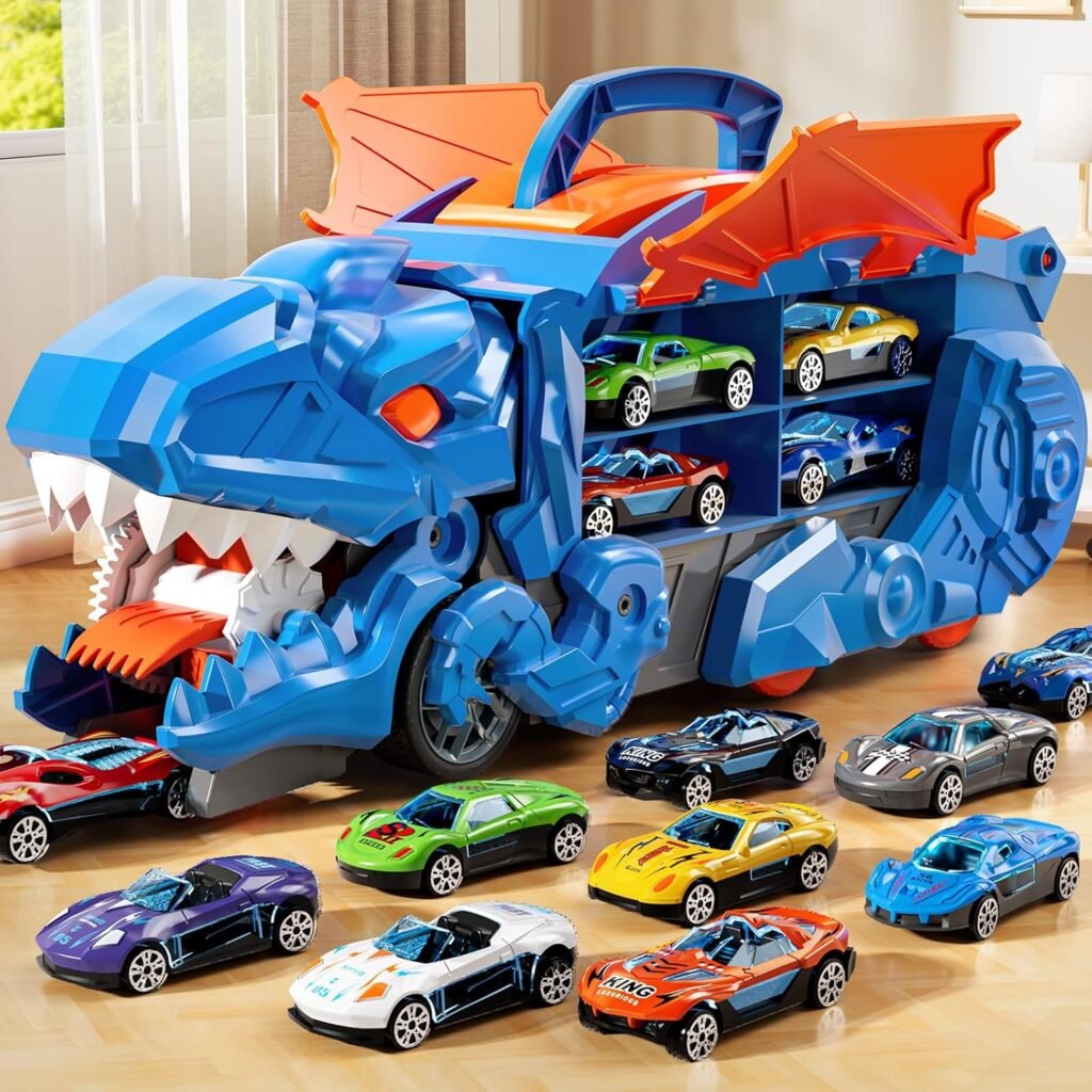 Toddler Truck Toys for Boys, Dinosaur Transporter Truck with 10 Die-Cast Car Toys, Transforms into Dino with Race Track, Toddler Car Toys Track Set for 3 4 5 6 7 8 Years Old Kids Boys Girls