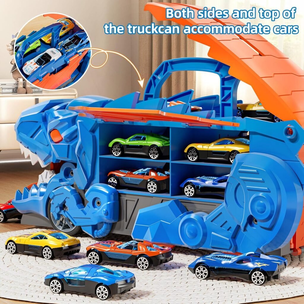 Toddler Truck Toys for Boys, Dinosaur Transporter Truck with 10 Die-Cast Car Toys, Transforms into Dino with Race Track, Toddler Car Toys Track Set for 3 4 5 6 7 8 Years Old Kids Boys Girls