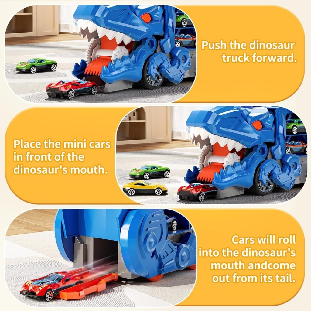 Toddler Truck Toys for Boys, Dinosaur Transporter Truck with 10 Die-Cast Car Toys, Transforms into Dino with Race Track, Toddler Car Toys Track Set for 3 4 5 6 7 8 Years Old Kids Boys Girls