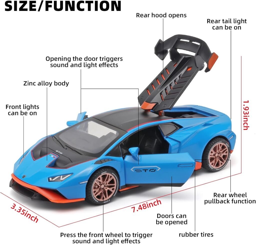 Toy Cars Lambo Huracan STO Model Cars,1/24 Race Car Toys Die Cast Metal Toy Cars,Pull Back Big Toy Cars with Light and Sound,Collectible Cars Diecast Model Cars,Toy Cars for Boys Age 4-7