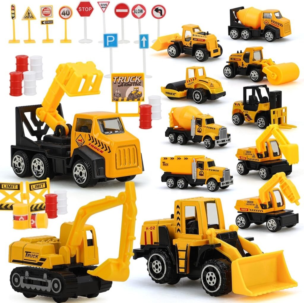 TOY Life 35 PCS Construction Toys Mini Excavator Toy Trucks, Small Construction Vehicles, Toddler Construction Cake Topper Decoration, Bulldozer Toy for Boys, Kids Construction Toy Set Birthday Gifts
