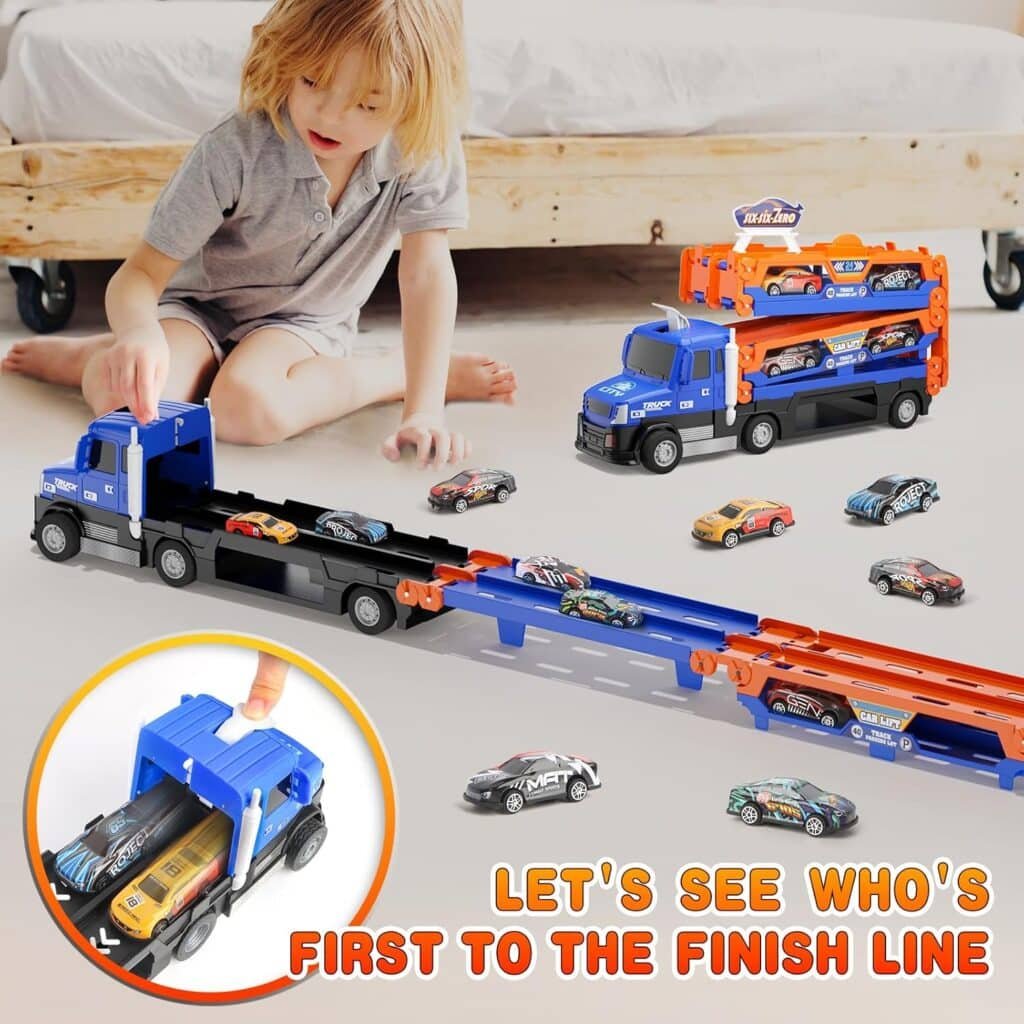 Truck Race Track Toys for Kids,55 Inch Race Track and 6 Die-Cast Metal Toy Cars,Truck Toys with Lights  Sounds, Toddler Truck Toy Gifts for 3 4 5 6 7 Years Old Boys and Girls