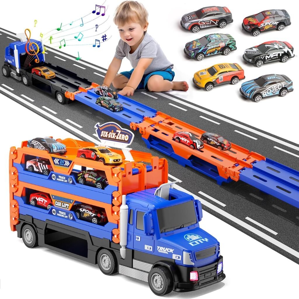 Truck Race Track Toys for Kids,55 Inch Race Track and 6 Die-Cast Metal Toy Cars,Truck Toys with Lights  Sounds, Toddler Truck Toy Gifts for 3 4 5 6 7 Years Old Boys and Girls