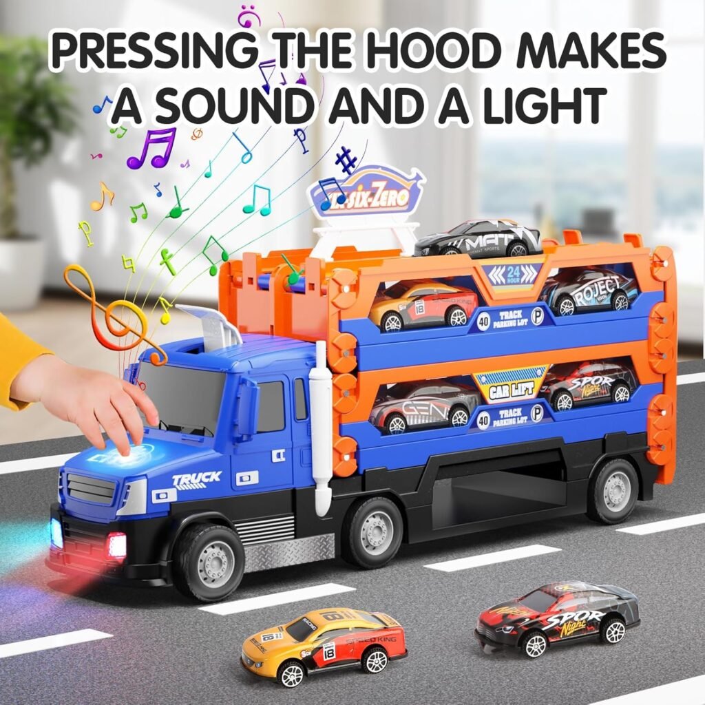 Truck Race Track Toys for Kids,55 Inch Race Track and 6 Die-Cast Metal Toy Cars,Truck Toys with Lights  Sounds, Toddler Truck Toy Gifts for 3 4 5 6 7 Years Old Boys and Girls