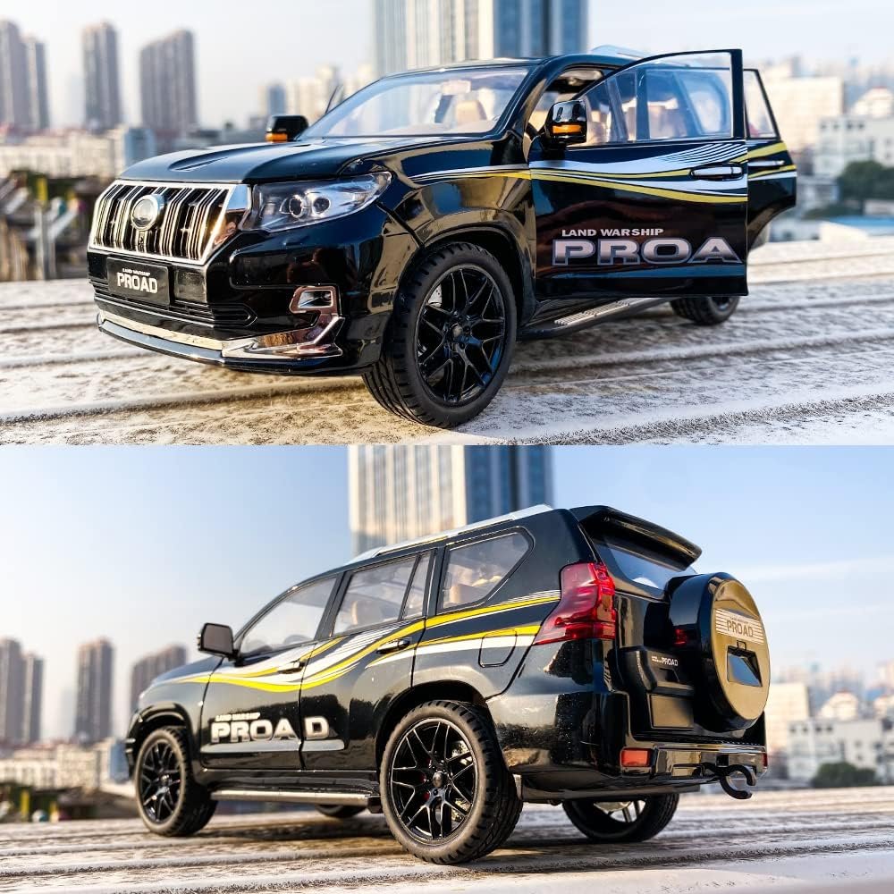 1/18 Scale Model Car Prado Alloy Diecast Collectible Model Vehicle Pull Back with Light and Sound Toy Car for Boys(Black)