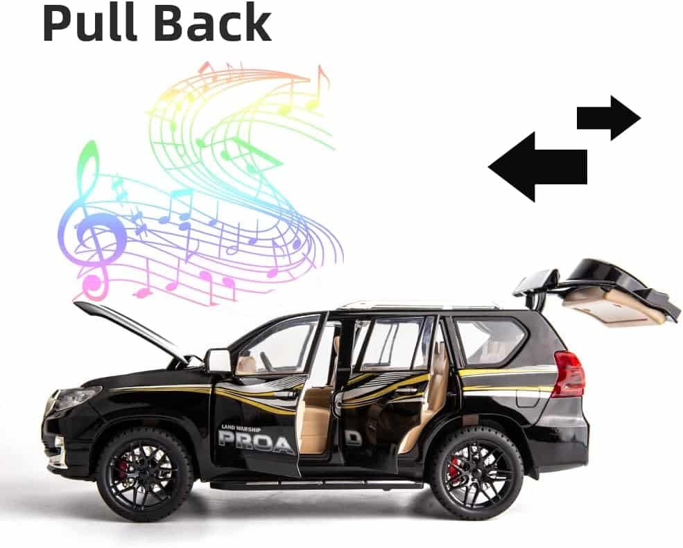 1/18 Scale Model Car Prado Alloy Diecast Collectible Model Vehicle Pull Back with Light and Sound Toy Car for Boys(Black)