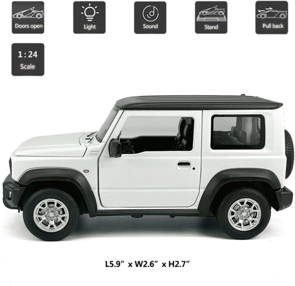 1:24 Scale 2021 Suzuki Jimny SUV Model Toy Car Metal Diecast Toy Vehicle, Doors Open, Light Sound, Pull Back, Toys for Boys Kids Gifts, Men Collection, Home Office Décor, White