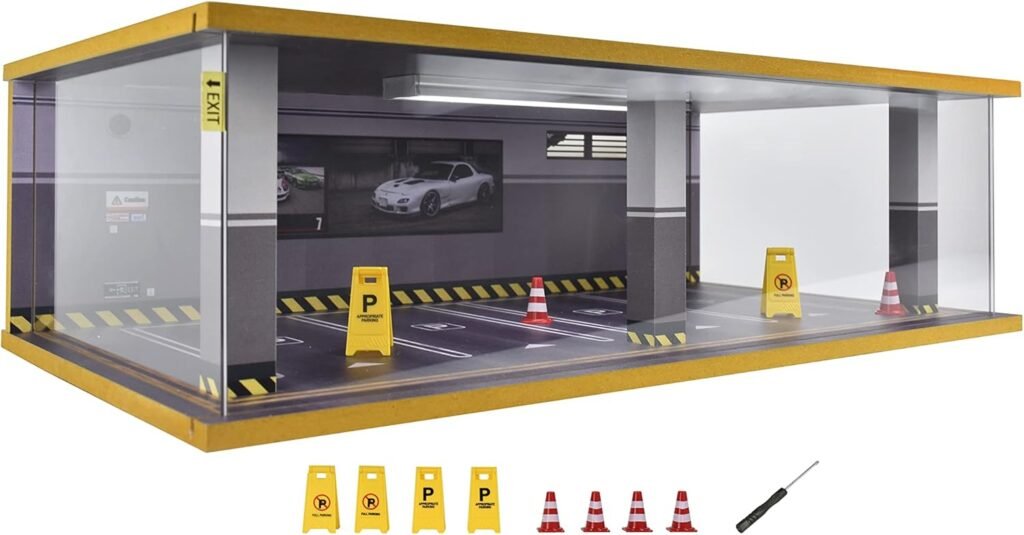 1/24 Scale Model Car Display Case with Light, 1 24 Diecast Cars Storage Cases in Parking Lot Scene, Acrylic Toy Garage for Alloy Car Models (Grey-8 Parking Place)