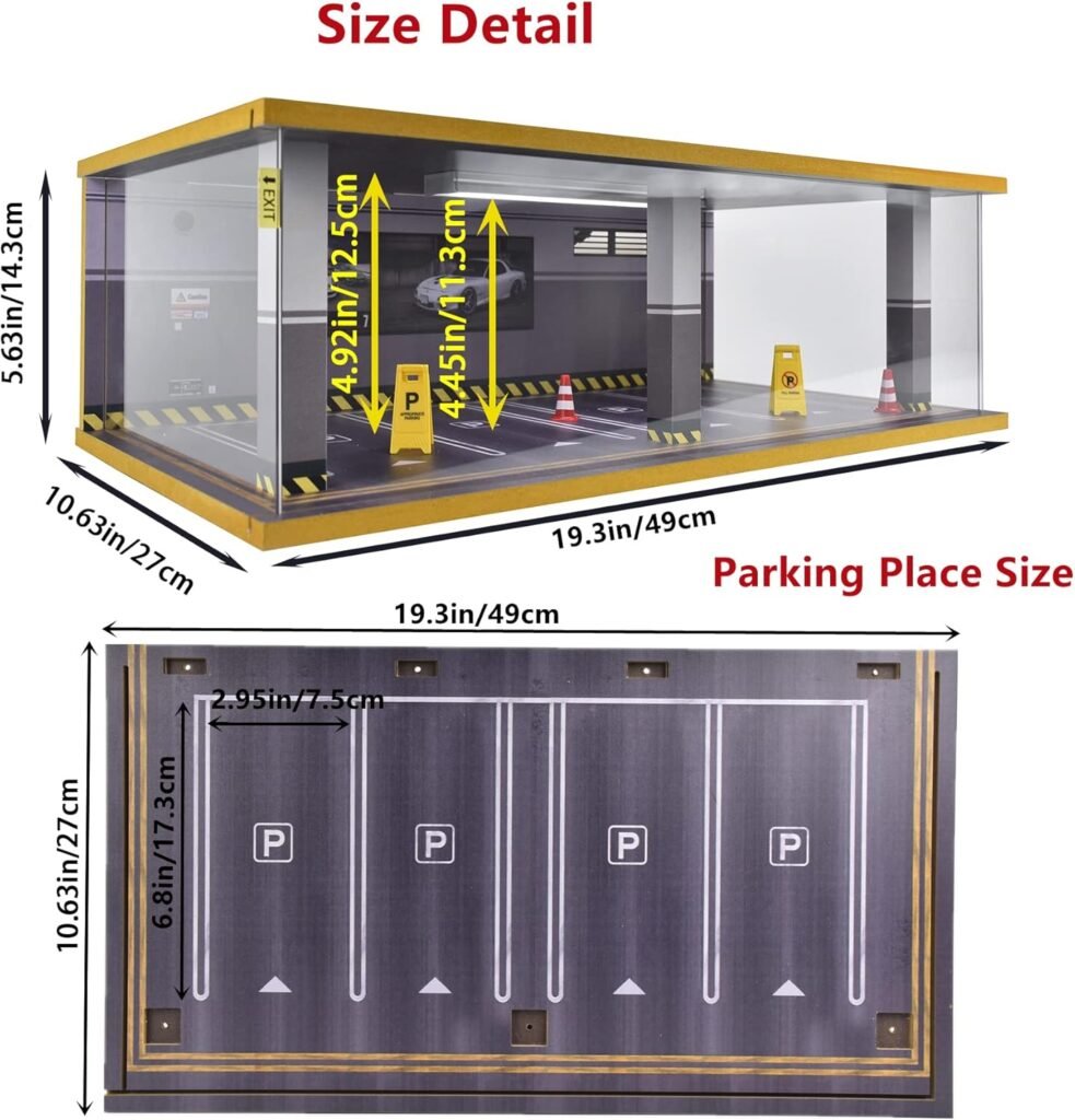 1/24 Scale Model Car Display Case with Light, 1 24 Diecast Cars Storage Cases in Parking Lot Scene, Acrylic Toy Garage for Alloy Car Models (Grey-8 Parking Place)