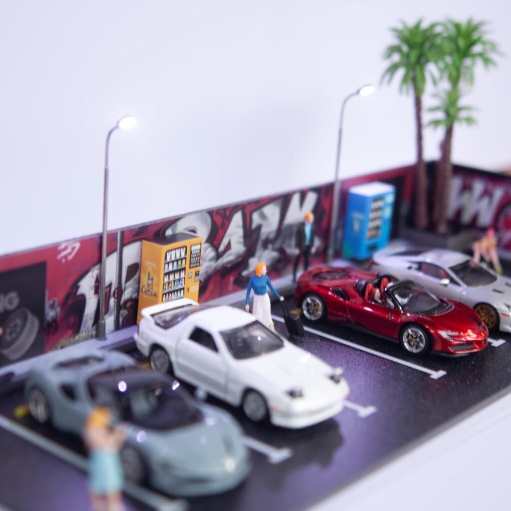1:64 Scale Model Car Display Garage Scene Model with LED Lighting,2 Vending Machine Models and 3 Trees.