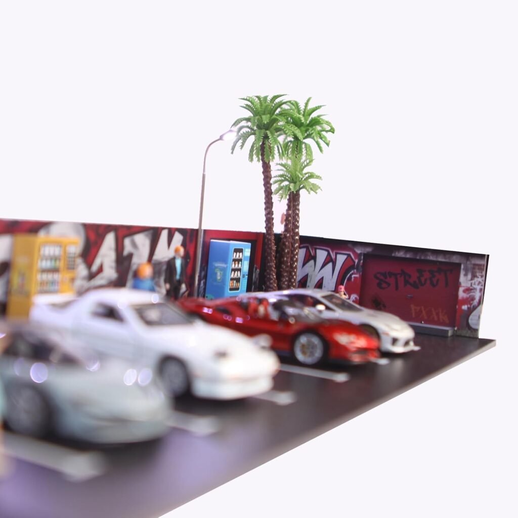 1:64 Scale Model Car Display Garage Scene Model with LED Lighting,2 Vending Machine Models and 3 Trees.