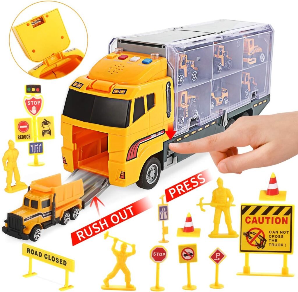 25 in 1 Construction Trucks Push and Go Car Carrier Truck Toy, Play Vehicles with Sounds and Lights, 12 Mini Diecast Trucks Included