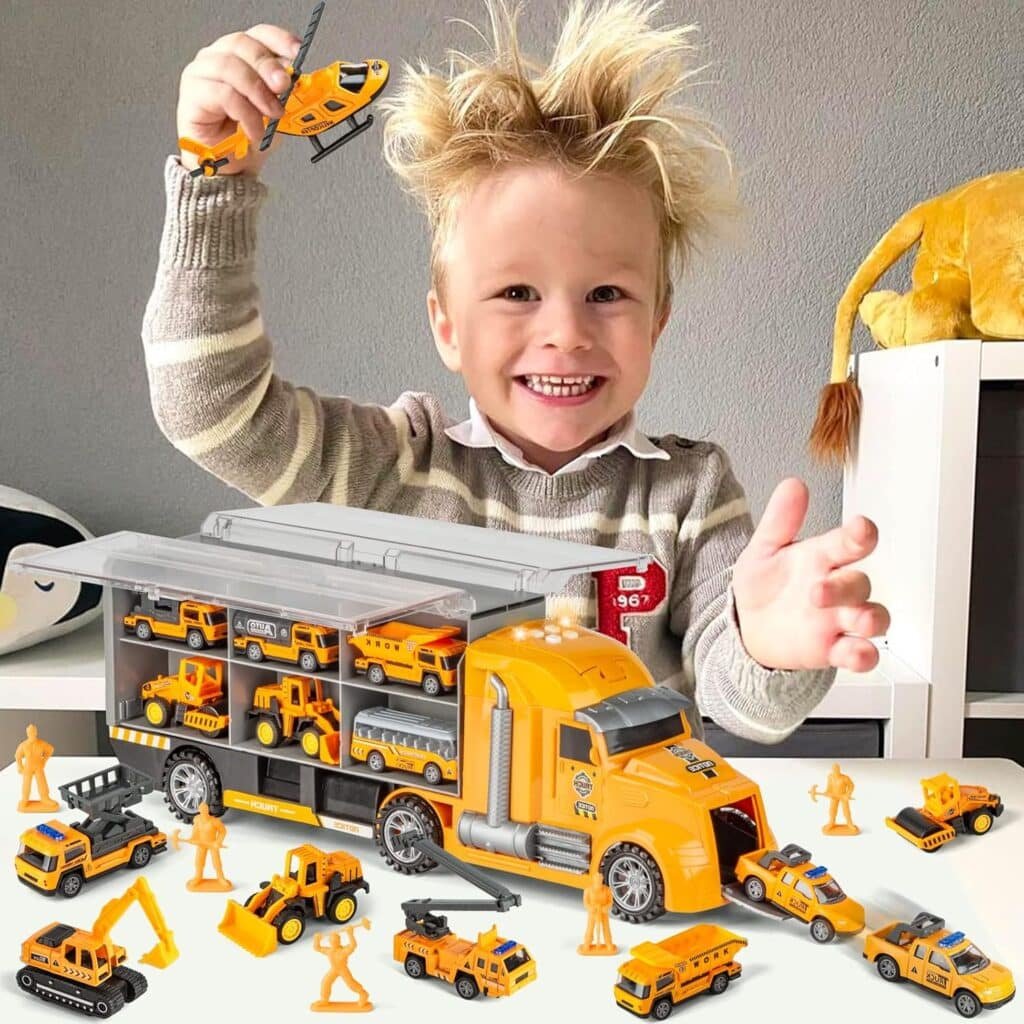 25 in 1 Die-cast Pull Back Construction Truck Vehicle Toys for 3-7Year Old Boy, Sounds and Lights in Large Carrier Truck, Age3+ Kids Child Boy Toy Cars Birthday Gifts