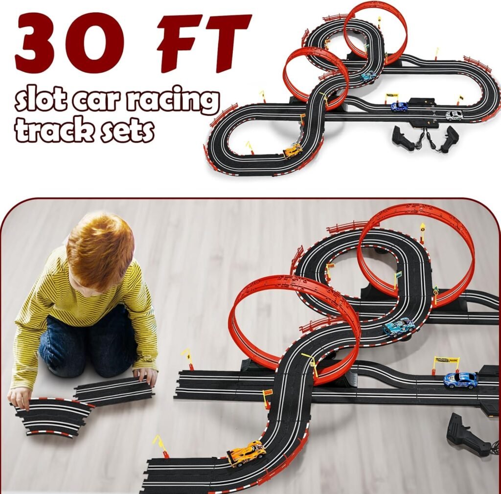 30 FT Electric Slot Car Race Tracks Sets Toys for Ages 8-13 - Dual Race Track with 4 High-Speed Slot Cars (1:43), 2 Hand Controllers, Christmas, Birthday Gift Toys for Ages 8-13