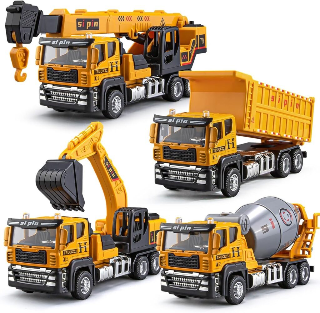 4 Packs Metal Construction Trucks Playsets, Mini Friction Powered Engineering Vehicle, Crane, Excavator, Cement Mixer, Dump Truck Toys for Boys 3-5 Years Old, Die-Cast Trucks for Toddlers Kid