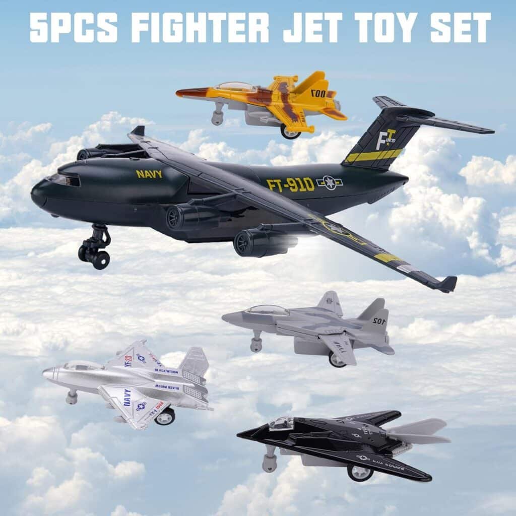 5 Pack Army Navy Airplane Toys Set with Light  Sounds, Military Fighter Jet Die Cast Plane Metal Aircraft Toy, Pull Back Aircraft Gift for Kids Toddlers Boys Girls Ages 3+