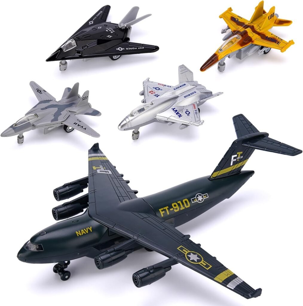 5 Pack Army Navy Airplane Toys Set with Light  Sounds, Military Fighter Jet Die Cast Plane Metal Aircraft Toy, Pull Back Aircraft Gift for Kids Toddlers Boys Girls Ages 3+