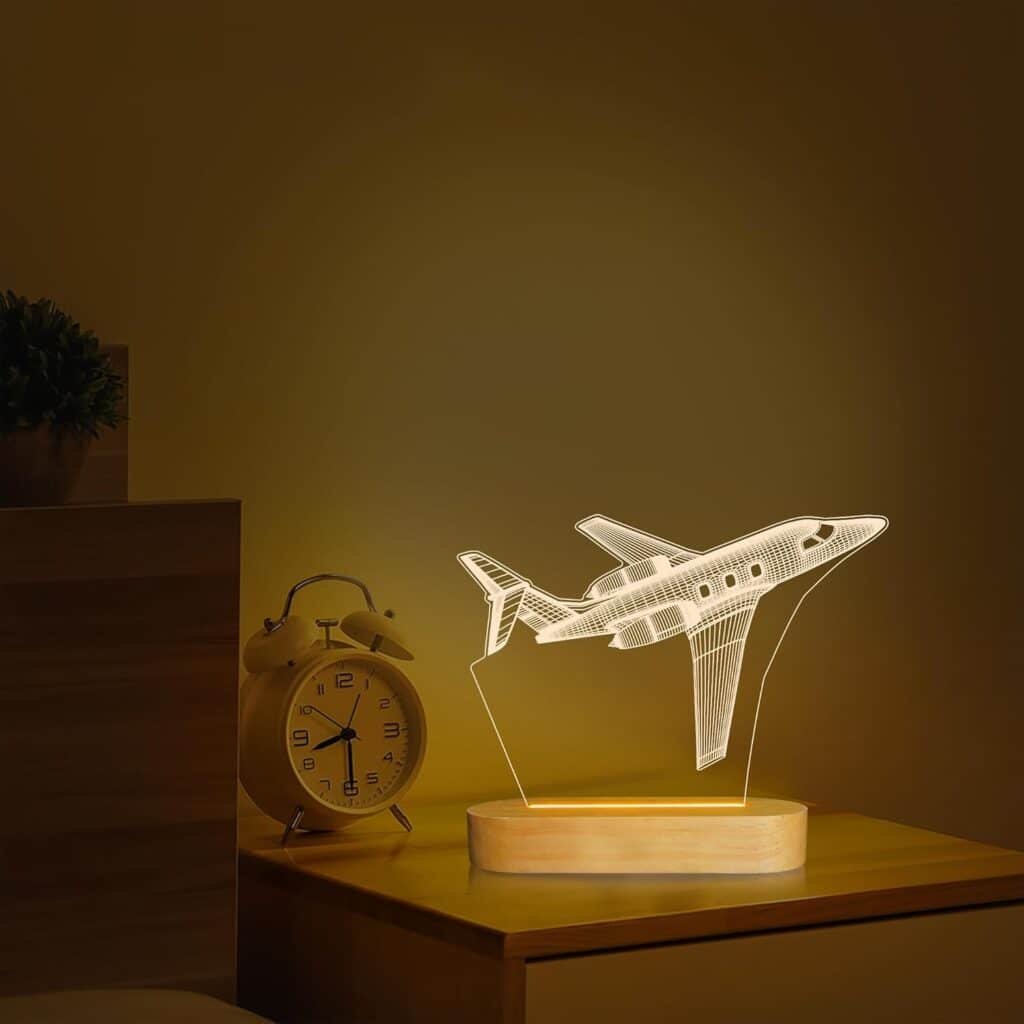 Airplane Night Light 3D Illusion Lamp,Soft Warm Colors Wood Table Lamp for Boys Pilot Gifts with USB Power