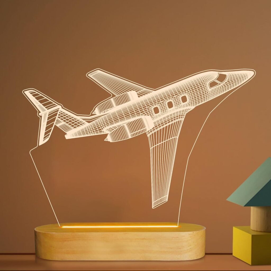 Airplane Night Light 3D Illusion Lamp,Soft Warm Colors Wood Table Lamp for Boys Pilot Gifts with USB Power