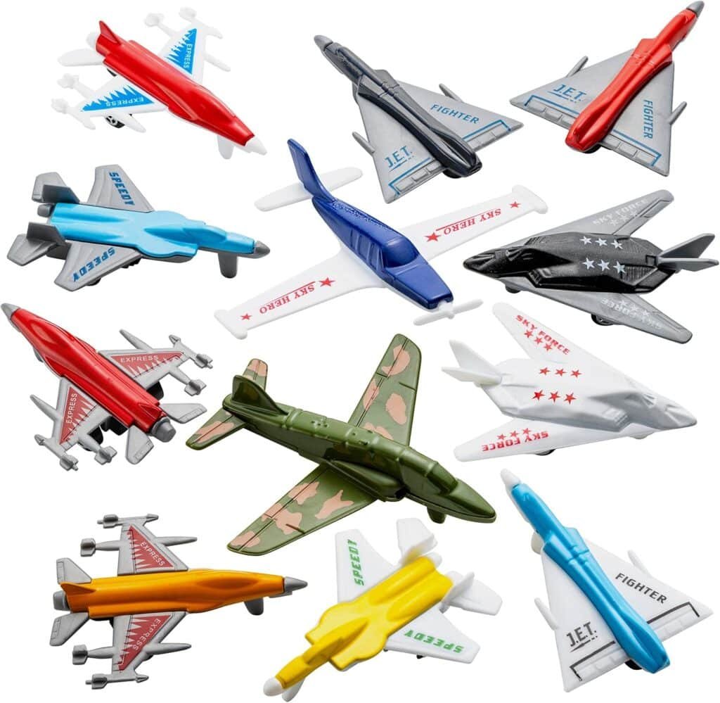 Airplane Toys - 12 Pack Vehicle Aircraft Plane Playset, Includes Styles of Bomber, Military, F-16 Fighter Jets, for Birthday Party Favor Toys, for Kids Boys and Girls (Styles May Very)