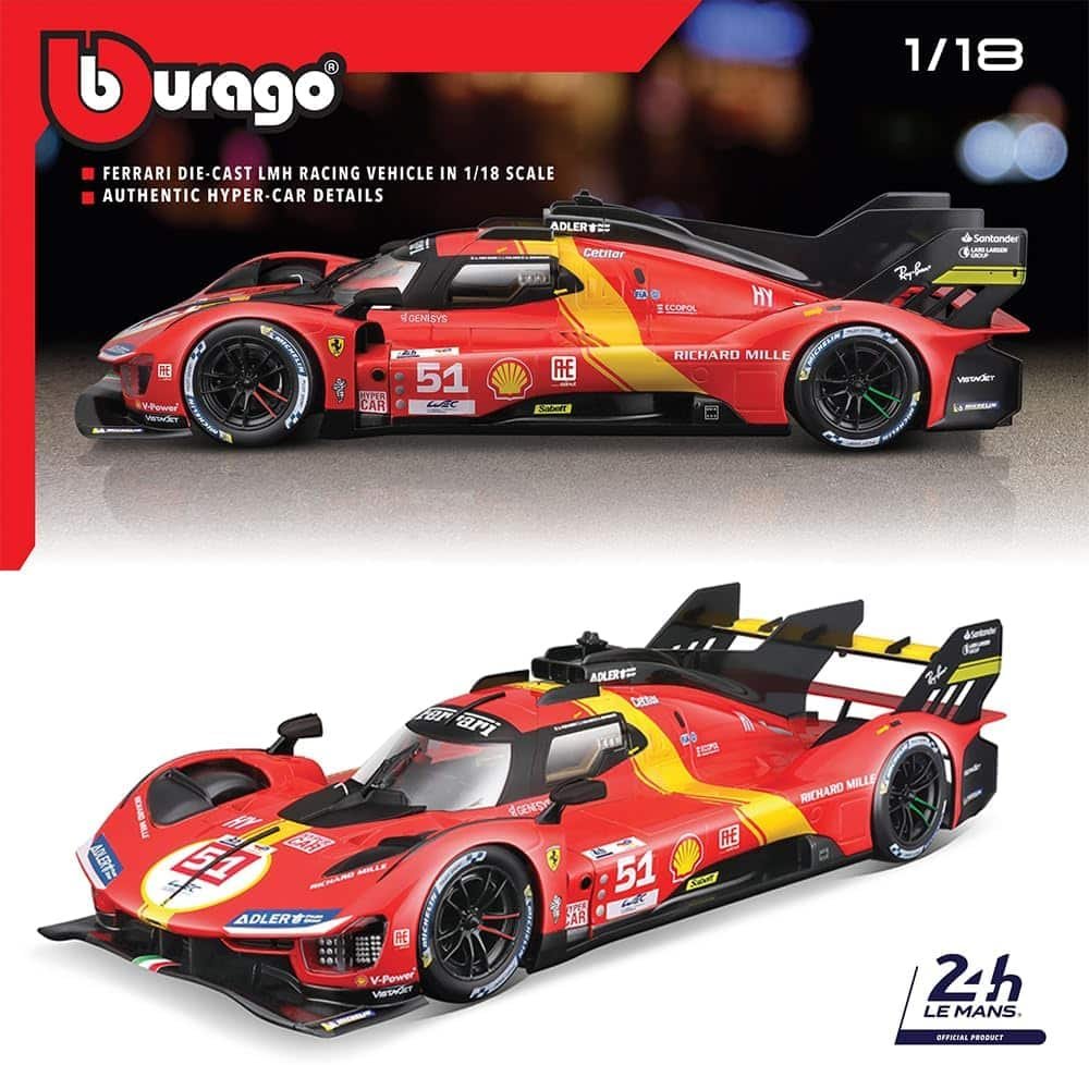 Bburago - 1/18 Ferrari Racing - 499P LMH 2023#51 - Red - New 2024: Metallic Replica - Detailed Interior - Opening Doors and Hood to Scale 1:18 - Winner of The 24h of Le Mans 2023
