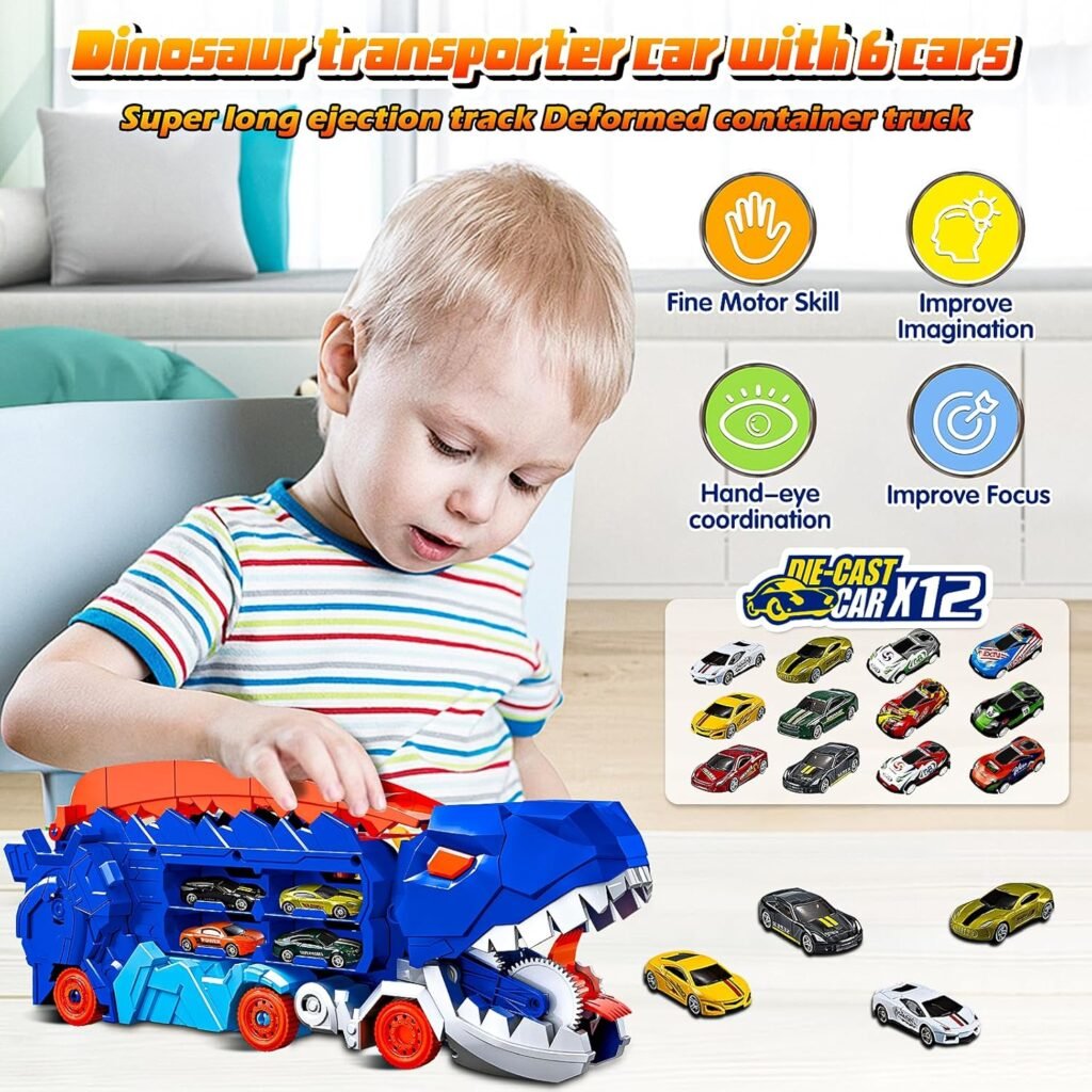 City Dinosaur Ultimate Hauler Track Toy，Dinosaur Cars Transport Truck Carrier，Toddler Car Toy Set Gifts for Boys and Girls,Toddler Toys Gifts for Kids Ageses 3 4 5 6 7 8 Years Old(12 Cars)