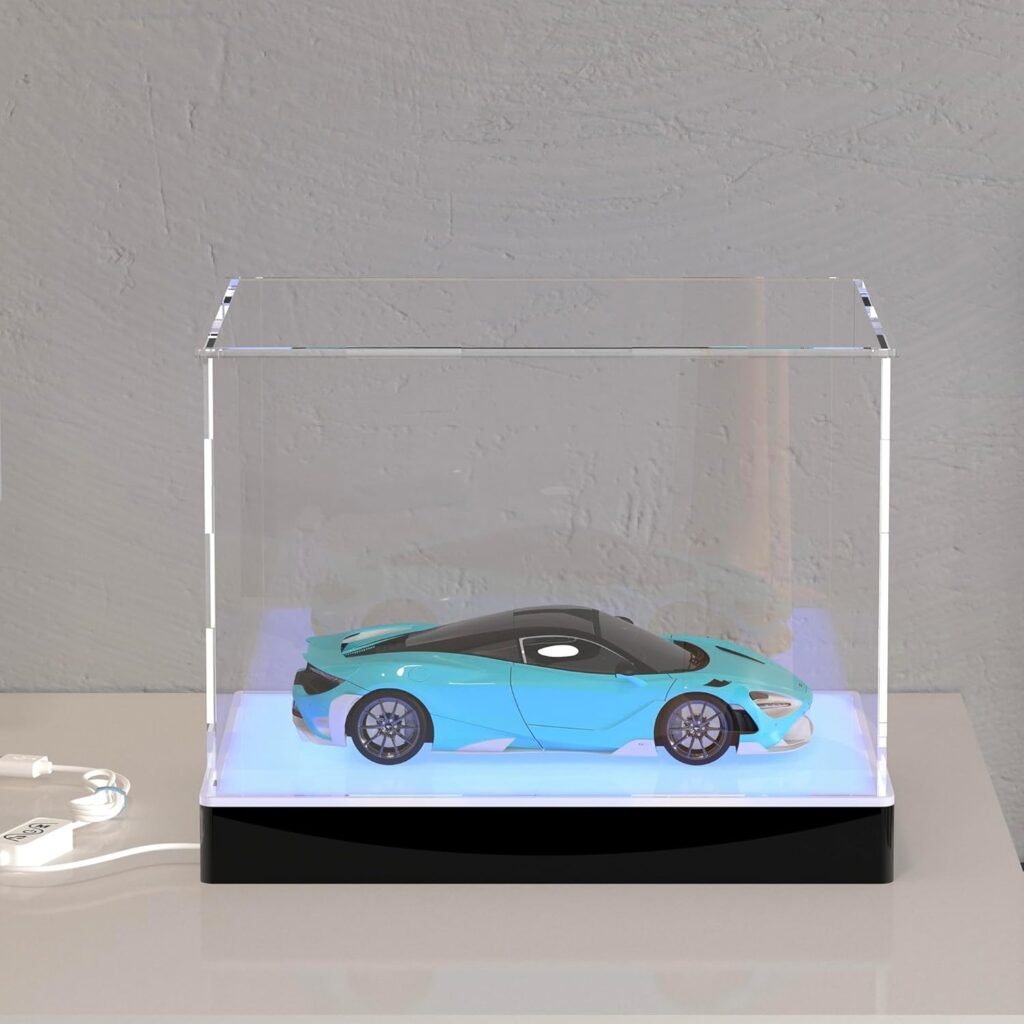 Clear Acrylic Display Case with RGB Lights for 1:18 Scale Model Cars, Lighted Up Acrylic Show Case for Displaying Diecast Cars and 1/24 Car Toy, 13’’(L) x6.7’’(W) x6.3’’(H’’)