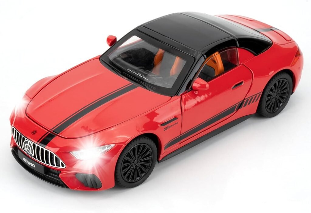 Compatible for 1/24 Scale Collectible Benz SL63 AMG Diecast Model Car, Zinc Alloy Pull Back Cabriolet Toy Car with Lights and Sounds, Convertible Vehicle Door for Adult Boys Girls（Red）