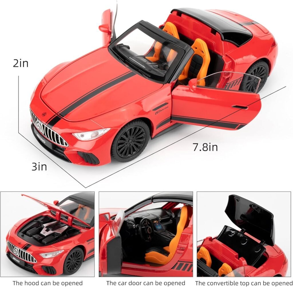 Compatible for 1/24 Scale Collectible Benz SL63 AMG Diecast Model Car, Zinc Alloy Pull Back Cabriolet Toy Car with Lights and Sounds, Convertible Vehicle Door for Adult Boys Girls（Red）