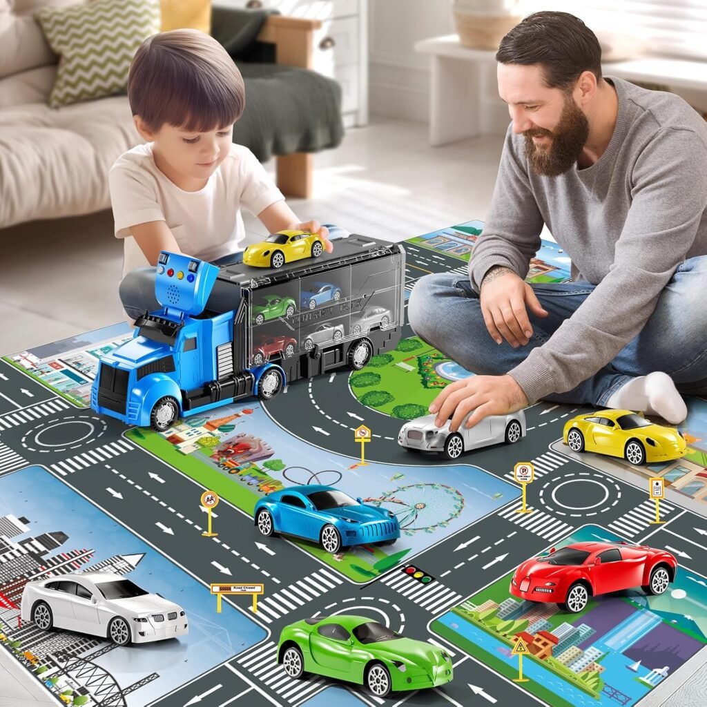 Construction Trucks Toy Set with Play Mat, Carrier Truck Play Vehicles Set for 3 4 5 6 Years Old Boys Kids, Die-Cast Car Toy for Toddlers 3-4 Years, Birthday Gifts Toys for 3-9 Year Old Boys