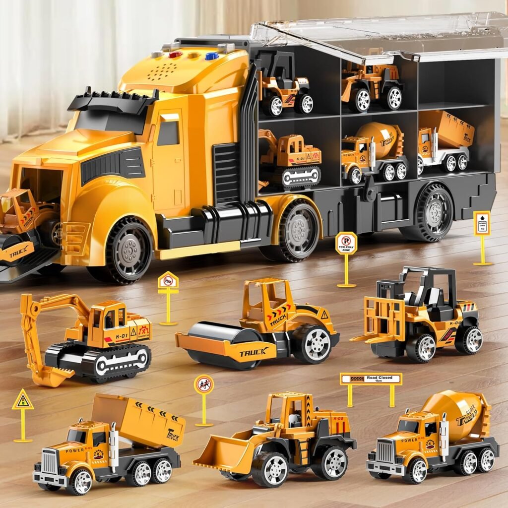 Construction Trucks Toy Set with Play Mat, Carrier Truck Play Vehicles Set for 3 4 5 6 Years Old Boys Kids, Die-Cast Car Toy for Toddlers 3-4 Years, Birthday Gifts Toys for 3-9 Year Old Boys