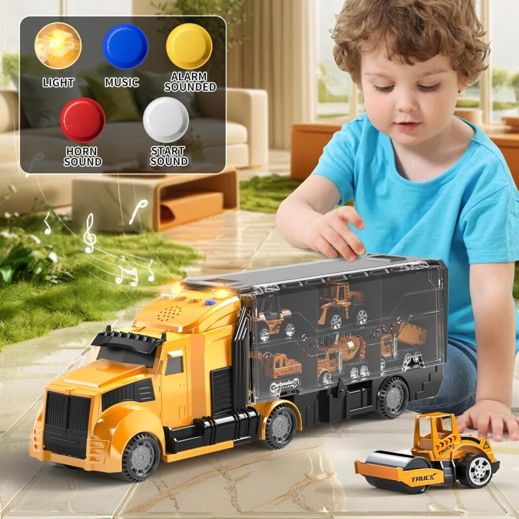 Construction Trucks Toy Set with Play Mat, Carrier Truck Play Vehicles Set for 3 4 5 6 Years Old Boys Kids, Die-Cast Car Toy for Toddlers 3-4 Years, Birthday Gifts Toys for 3-9 Year Old Boys