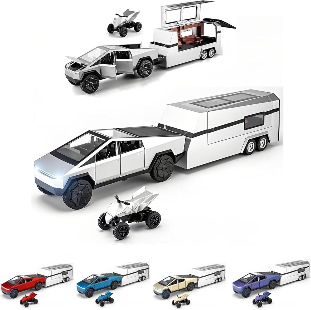 Cyber Toy Alloy Die-cast Truck Model with RV Motorcycle ATV and RV Race Car Pickup Display Model 1/32 Vehicle with Sound and Light Effect Gift for Kids Age for 6 Year Old and Up