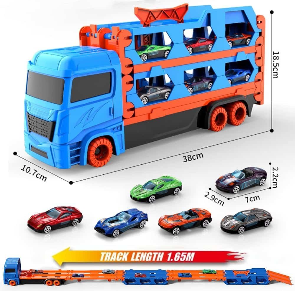 Die-Cast Transport Truck Car Toys 61-Inch Dual Race Track and Eject Car for Boys Kids, Toddler Toys Gifts for Kids Ages 3 4 5 6 Years Old (6 Cars)