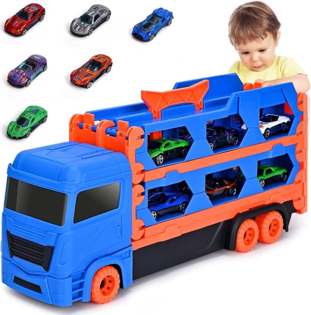 Die-Cast Transport Truck Car Toys 61-Inch Dual Race Track and Eject Car for Boys Kids, Toddler Toys Gifts for Kids Ages 3 4 5 6 Years Old (6 Cars)