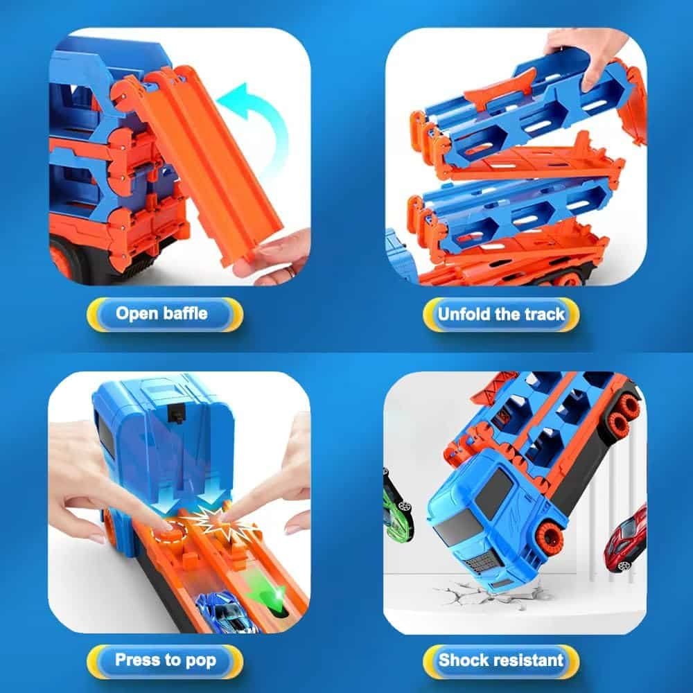 Die-Cast Transport Truck Car Toys 61-Inch Dual Race Track and Eject Car for Boys Kids, Toddler Toys Gifts for Kids Ages 3 4 5 6 Years Old (6 Cars)