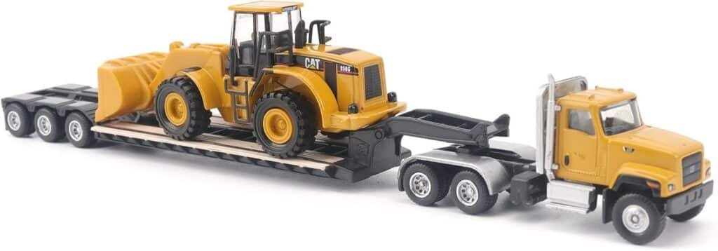 Diecast Masters | 1:87 Scale Cat CT681 Day Cab Tractor with Lowboy Trailer and Cat 950G Wheel Loader | Model 84418