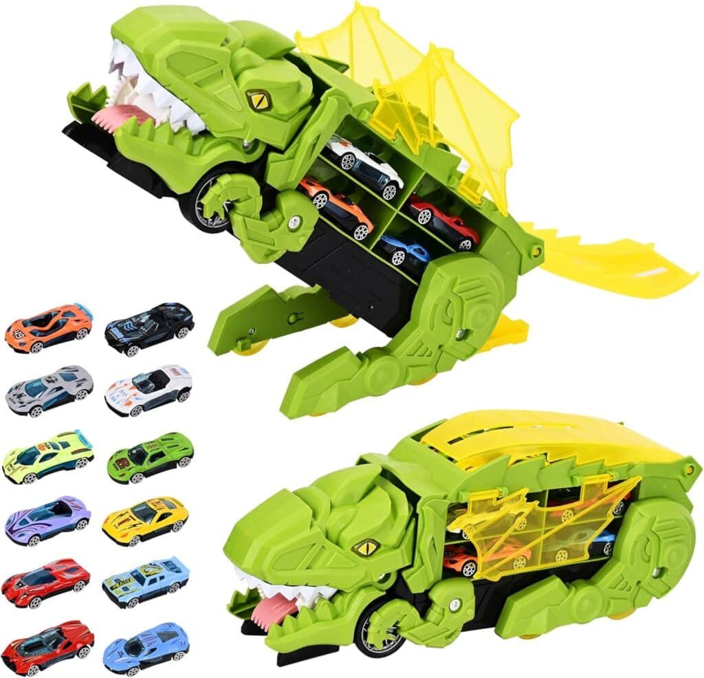 Dinosaur Truck Toys for Age 3-6 Boys,Transforming to Ultimate Race Track Toddler Car Toys, Dino Transporter Truck with 12 Die-Cast Car, Christmas Birthday Gift for 4-6 Year Old Boys (Green)