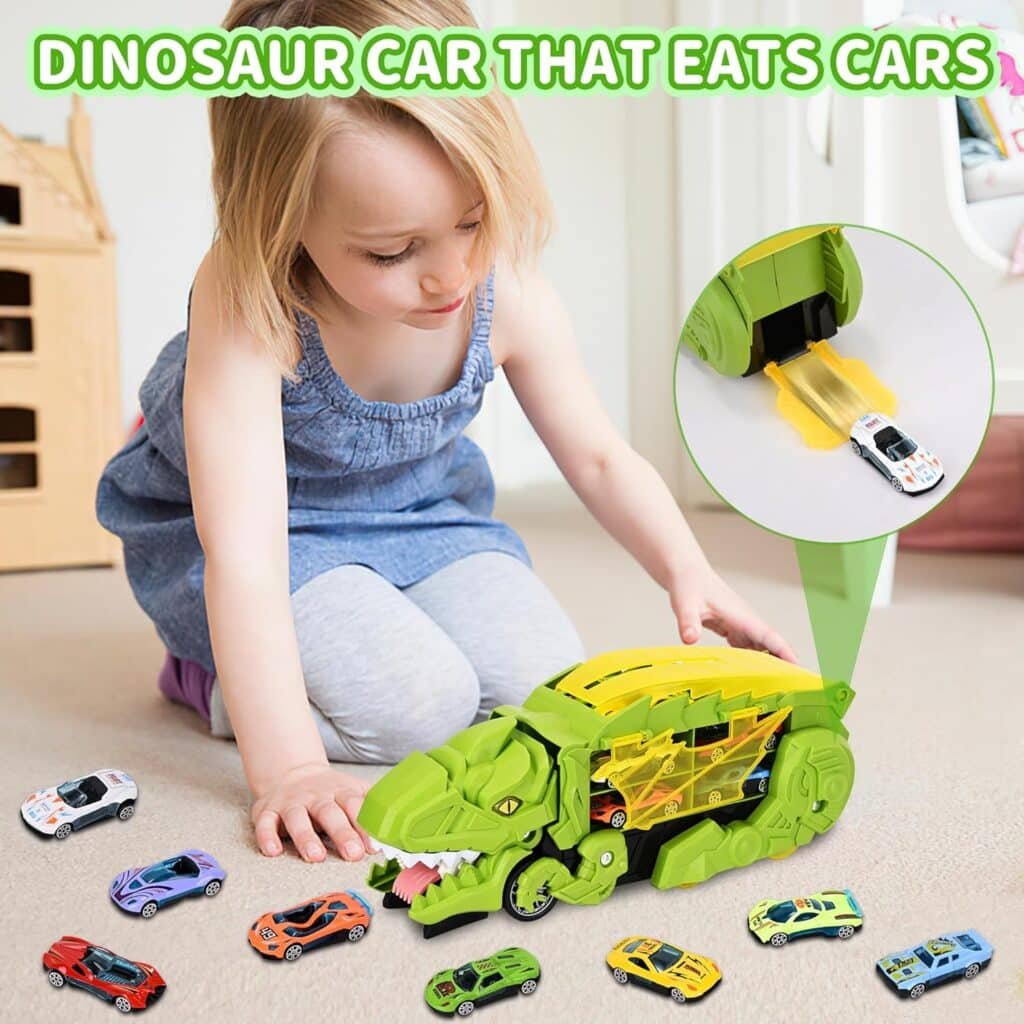 Dinosaur Truck Toys for Age 3-6 Boys,Transforming to Ultimate Race Track Toddler Car Toys, Dino Transporter Truck with 12 Die-Cast Car, Christmas Birthday Gift for 4-6 Year Old Boys (Green)