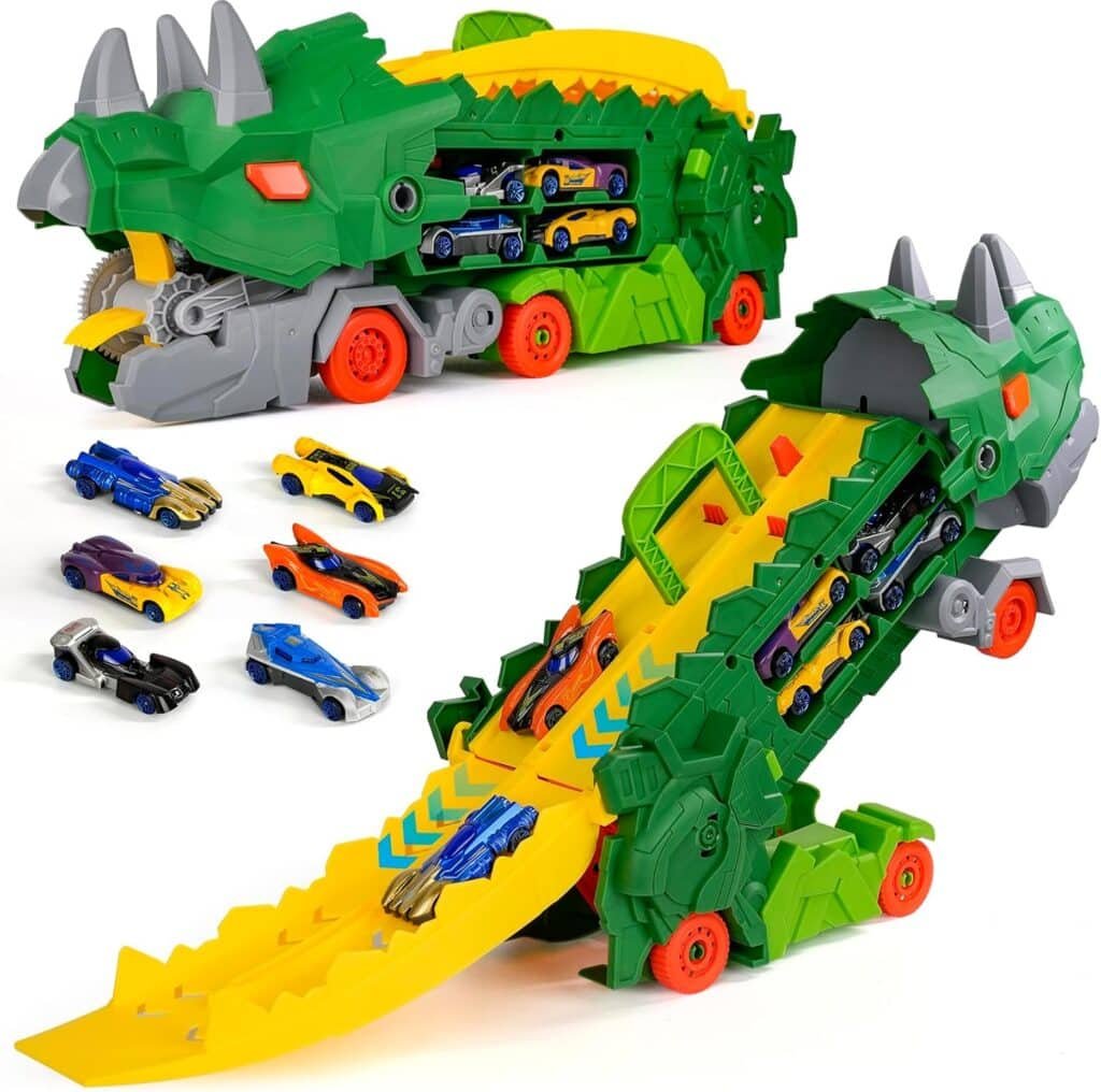 Dinosaur Ultimate Hauler Transport Truck Toys for Ages 5-7,Transforms Into Standing Triceratops with Race Track and 8 Series Die-Cast Race Cars,3 4 5 6 7 Year Old Boy Birthday Gift (Green)