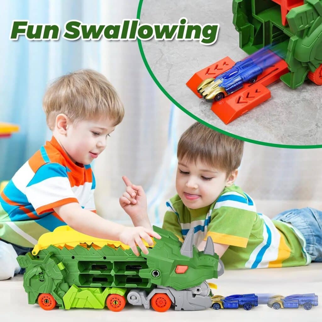 Dinosaur Ultimate Hauler Transport Truck Toys for Ages 5-7,Transforms Into Standing Triceratops with Race Track and 8 Series Die-Cast Race Cars,3 4 5 6 7 Year Old Boy Birthday Gift (Green)
