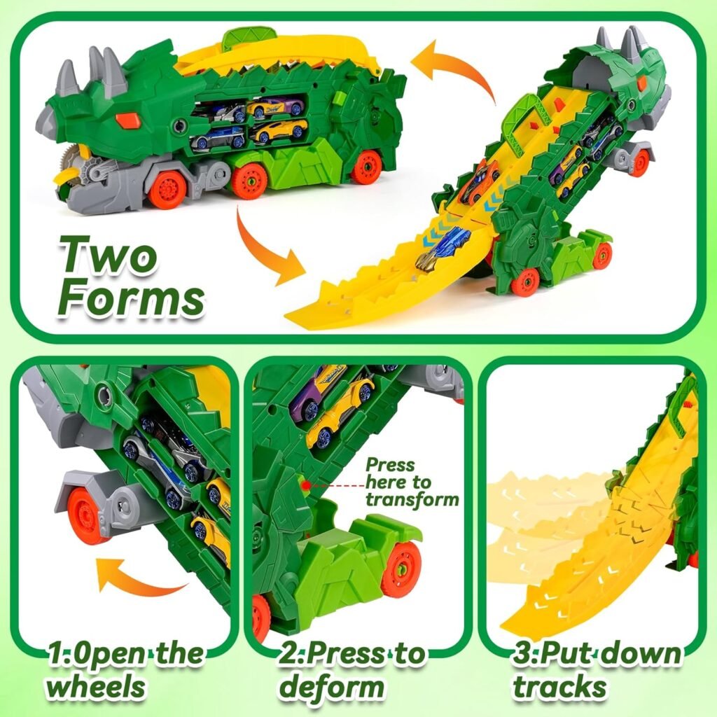Dinosaur Ultimate Hauler Transport Truck Toys for Ages 5-7,Transforms Into Standing Triceratops with Race Track and 8 Series Die-Cast Race Cars,3 4 5 6 7 Year Old Boy Birthday Gift (Green)