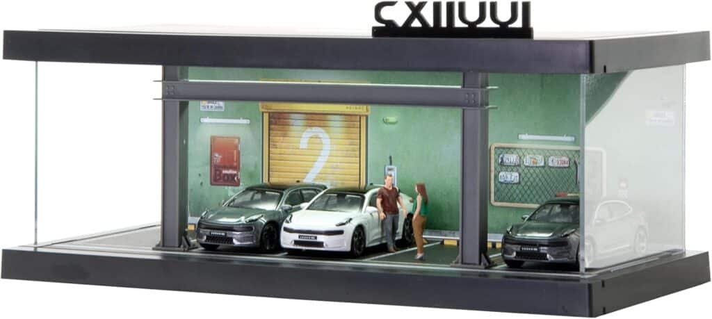 Display Case 1/64 Scale Diecast Parking Garage Model Car Show Case 5 Parking Spaces with Acrylic Cover LED Lights Green