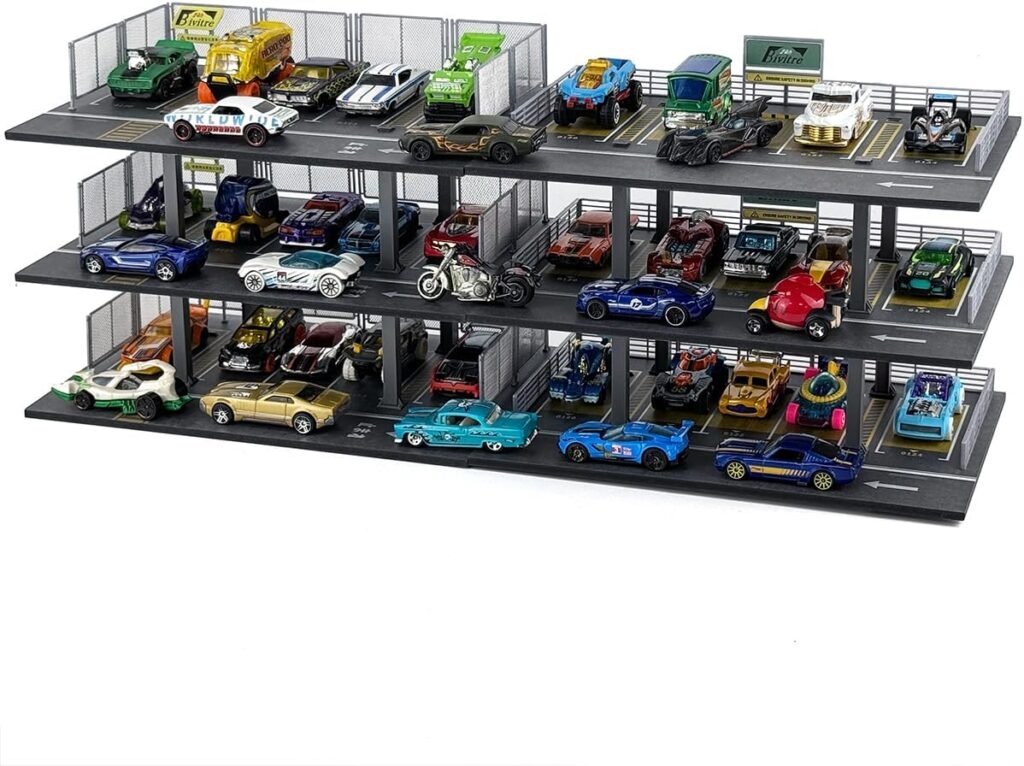 Hot Diecast Wheels Display Case - 1/64 Scale Die-cast Model Car Organizer, Hot Diecast Wheels Parking Garage Dioramas with 15 Parking Spaces(Mesh Railing)