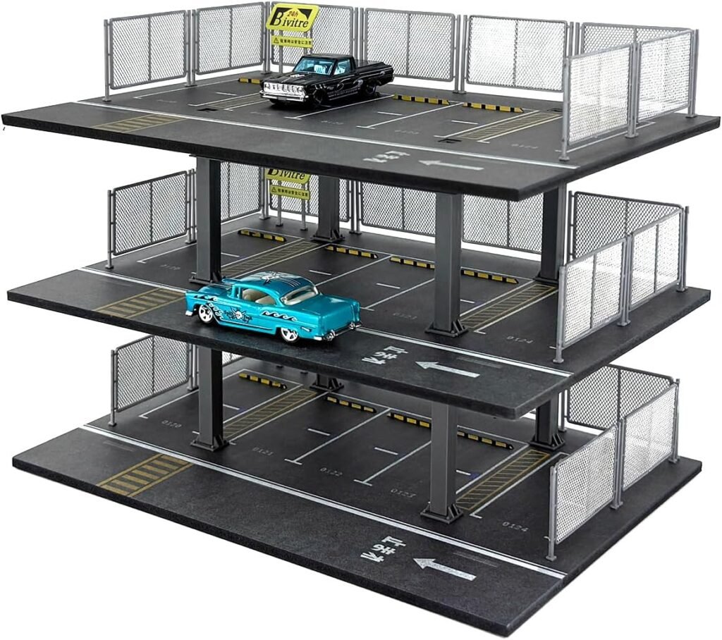 Hot Diecast Wheels Display Case - 1/64 Scale Die-cast Model Car Organizer, Hot Diecast Wheels Parking Garage Dioramas with 15 Parking Spaces(Mesh Railing)