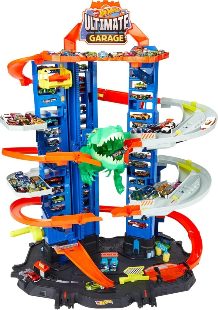 Hot Wheels City Toy Car Track Set, Ultimate Garage with T-Rex Dinosaur, Store 100+ 1:64 Scale Vehicles, 3-ft Tall, with 2 Cars (Amazon Exclusive)