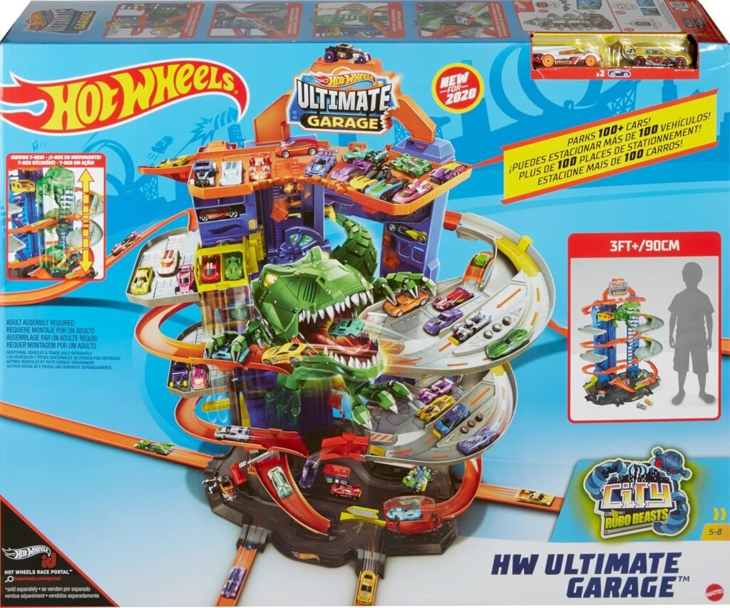 Hot Wheels City Toy Car Track Set, Ultimate Garage with T-Rex Dinosaur, Store 100+ 1:64 Scale Vehicles, 3-ft Tall, with 2 Cars (Amazon Exclusive)