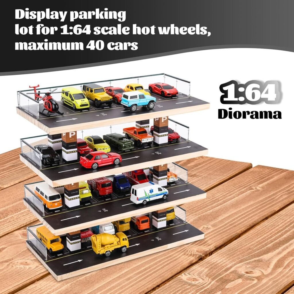 Hot Wheels  Matchbox Display Case, 1/64 Scale Diecast Toy Car Storage, Parking Garage Diorama - Freestanding Storage with 4 Levels 24 Spots Maximum 40 Cars